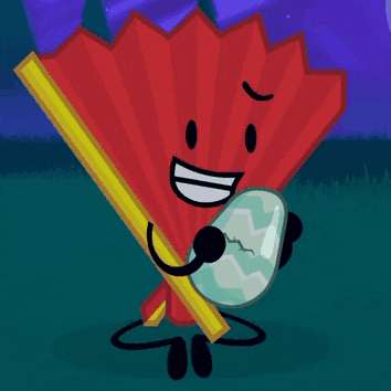 a cartoon character holding a red fan and a broken egg