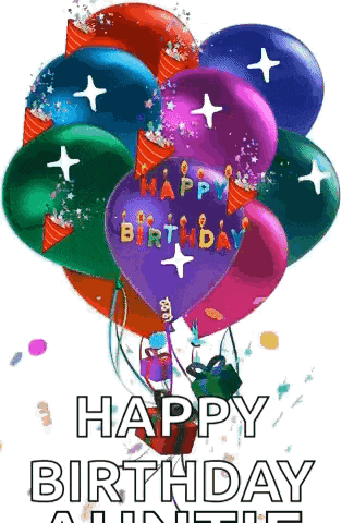 a bunch of balloons with the words `` happy birthday '' written on them are flying in the air .