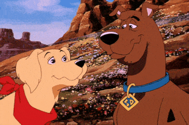 scooby doo and a dog are standing next to each other in a field