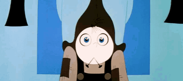 a cartoon character with blue eyes and a black hat is looking at the camera