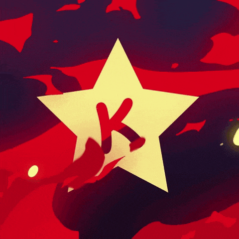 a yellow star with the letter k in red