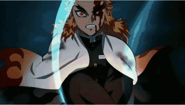 a man with blood on his face holding a sword