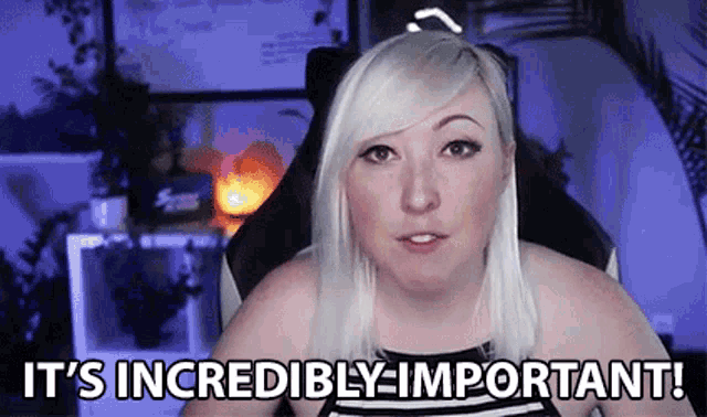 a woman is sitting in a chair with the words `` it 's incredibly important '' behind her .