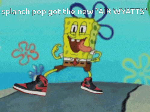 a cartoon of spongebob wearing a pair of red and black nike shoes