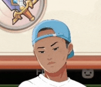 a man wearing a baseball cap and a white shirt is standing in front of a wall with a sword on it .