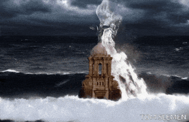 a picture of a building in the middle of the ocean with the name tom slemen below it