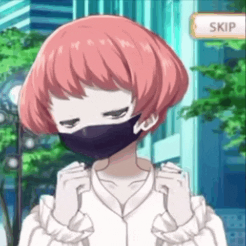 a girl with pink hair is wearing a black mask and gloves .