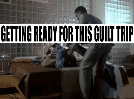 a man is getting ready for a guilt trip while standing on a bed