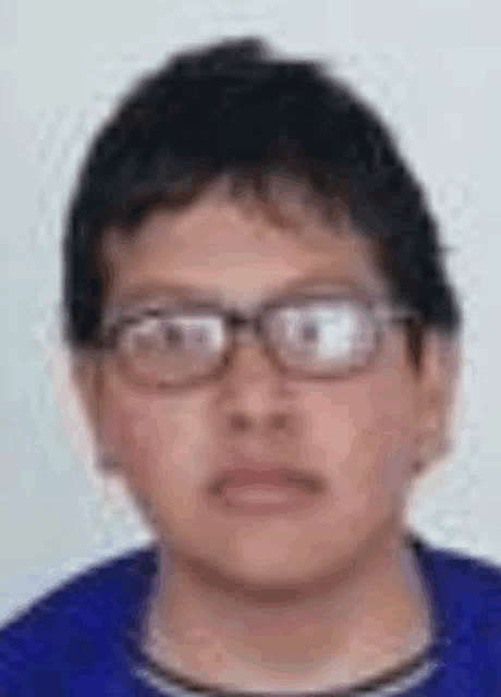 a boy wearing glasses and a blue shirt is looking at the camera .
