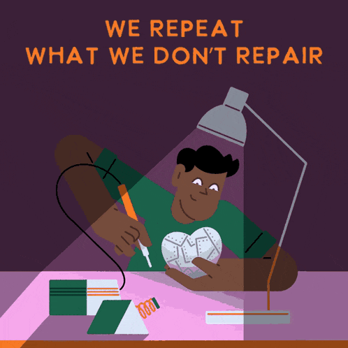 an illustration of a man working on a heart with the words we repeat what we do n't repair