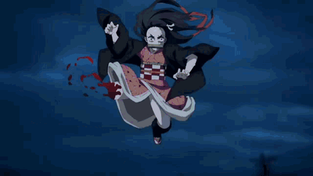 a girl with red eyes is holding a sword in her mouth