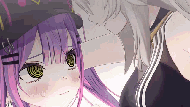 a girl with purple hair and a hat has a spiral in her eyes
