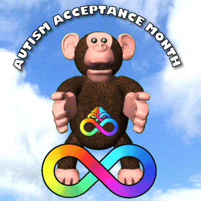 a monkey is sitting in front of an infinity symbol with the words autism acceptance month below it