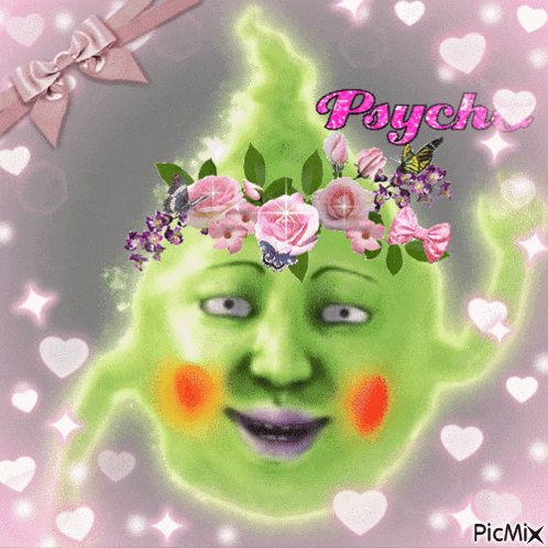 a picture of a green face with flowers on it and the word psych in pink letters