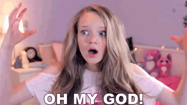 a young girl is making a surprised face and saying oh my god !
