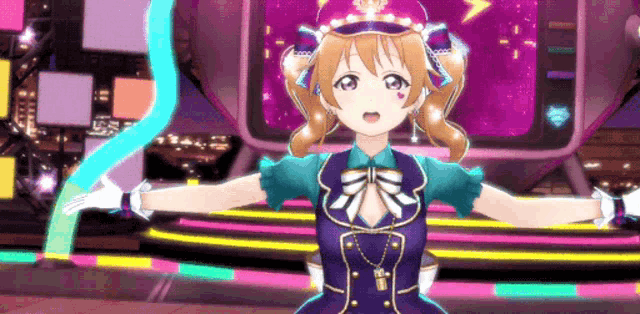 a girl in a blue dress and hat is dancing on a stage