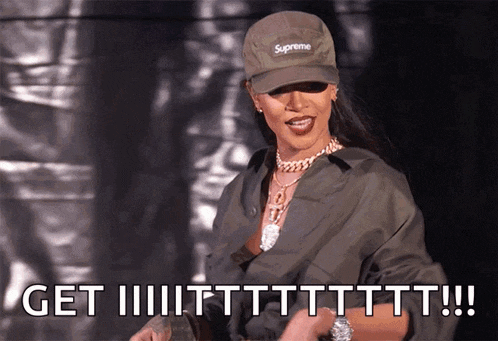 a woman wearing a supreme hat says get iiiitttttttttt