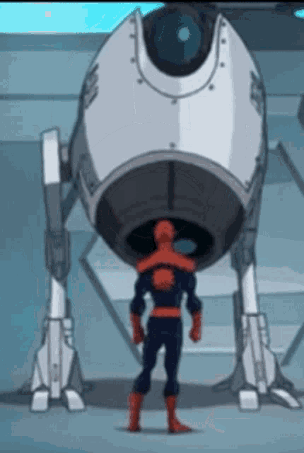a cartoon character is standing in front of a large white object