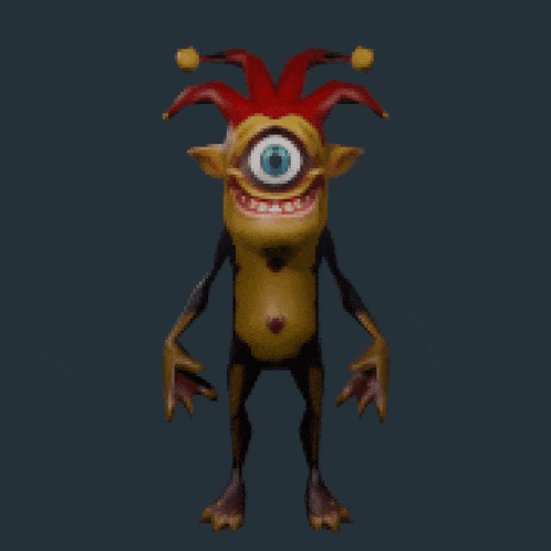 a cartoon character with one eye and a jester hat on