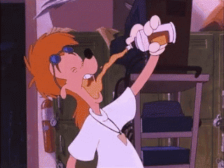 a cartoon character is drinking from a bottle while wearing goggles