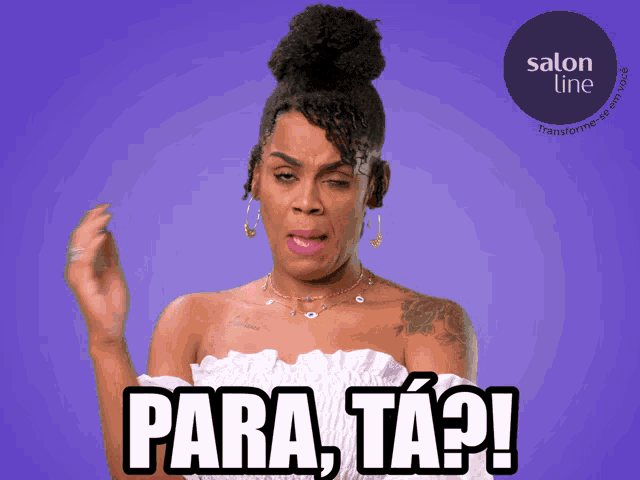 a woman says para ta on a purple background with a salon line logo in the corner