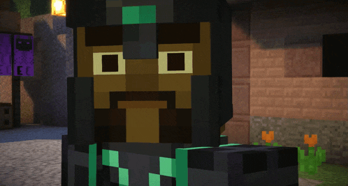 a minecraft character with a beard and a helmet on