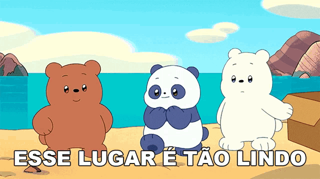 a cartoon of three bears with the words esse lugar e tao lindo