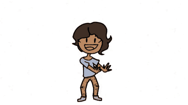 a cartoon of a woman in a blue shirt and jeans is dancing .