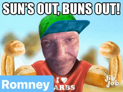 a man with a green hat and a red shirt that says romney flexes his muscles
