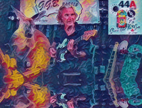 a painting of a man playing a guitar in front of a sign that says 444