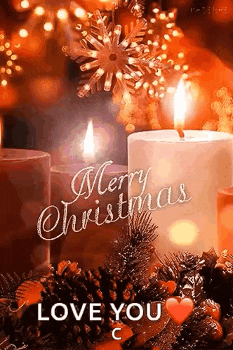 a merry christmas greeting card with candles and pine cones .