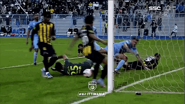 a group of soccer players are playing a game on a field with a goalie .