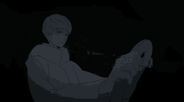 a drawing of a person sitting in a dark room