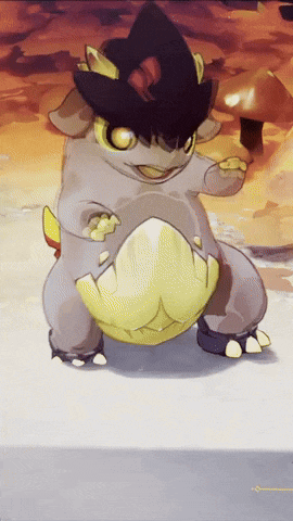 a cartoon drawing of a gray and yellow monster wearing a black hat