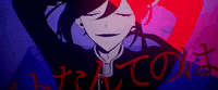 a close up of a cartoon character with red hair and a purple background