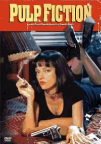 a movie poster for pulp fiction shows a woman laying on a bed smoking a cigarette and holding a gun