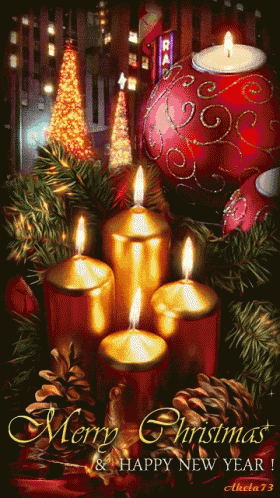 a merry christmas and happy new year greeting card with candles and pine cones