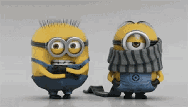 two minions standing next to each other wearing scarves and goggles