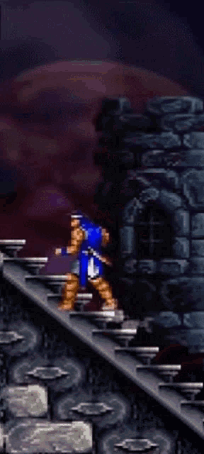 a video game character is walking up stairs in front of a castle
