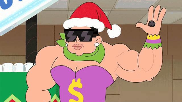 a cartoon character wearing sunglasses and a santa hat