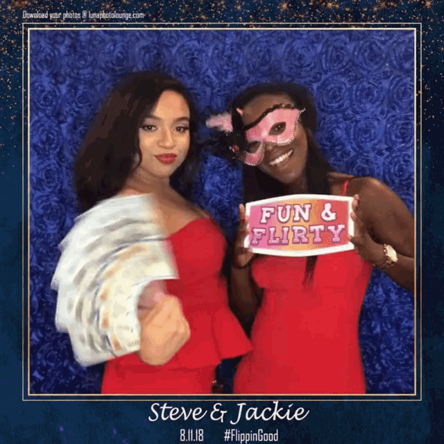 two women pose for a photo with a sign that says fun and flirty