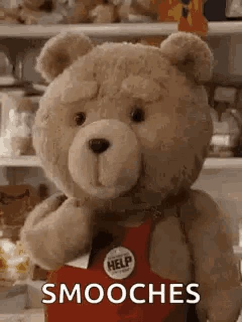 a teddy bear wearing a red apron is standing in front of a shelf and says smooches .