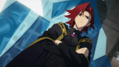 a cartoon character with red hair is standing with his arms crossed in front of a blue wall