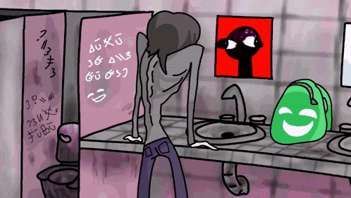 a cartoon drawing of a person in a bathroom with graffiti on the wall that says ' a ' on it
