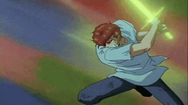a man in a white shirt is running with a green sword