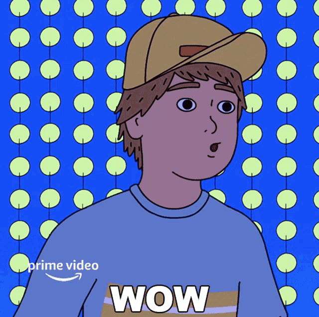 a cartoon of a boy wearing a hat and a shirt with the word wow on it