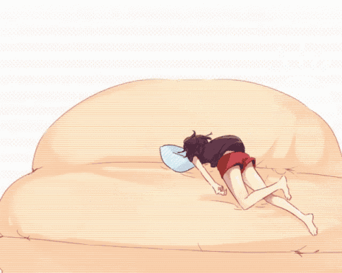 a woman is standing next to a group of girls laying on a bed with an exclamation point above them