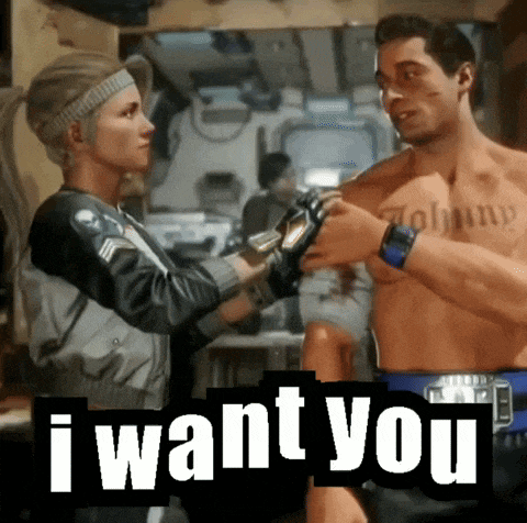 a man and a woman are standing next to each other with the words " i want you " on the bottom