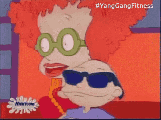 a cartoon of a woman wearing sunglasses and a boy wearing sunglasses with the hashtag #yanggangfitness