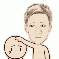 a cartoon of a man putting his hand on another person 's head .